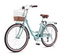 Viribus Women’s 24 Inch 7 Speed Comfort Bike, Mint, City & Beach Cruiser with Rattan Basket & Steel Rack, Step Through Frame for Women Youth Adults