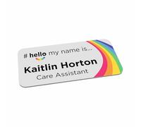 Viro Display Hello My Name is White Green Name Badge - 75 x 35mm - Customisable - Durable Aluminium - Pin or Magnetic Fixing (Rainbow)