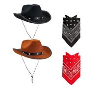 VIROSA 2-Pack Cowboy Hats & Bandanas Set - 1 Black & 1 Brown Western Hats with 1 Red & 1 Black Paisley Bandanas - Unisex Fancy Dress, Festival & Party Pack - One Size