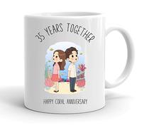 VIROSA 35 Years Coral Anniversary Mug - 11oz Ceramic Coffee Cup Gift for Husband, Wife, Couples - Thirty-Fifth Wedding Anniversary Present Idea, Romantic Keepsake