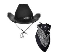 VIROSA Black Cowboy Hat with Paisley Bandana - Authentic Western Cattleman Style - Rustic Tobacco Brown Felt Hat & 100% Cotton Red Scarf - Unisex Festival & Fancy Dress Set