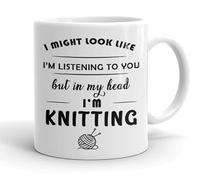 VIROSA Knitting Mug - “in My Head I’m Knitting” - 11oz Ceramic Tea Cup - Gift for Knitters - Craft Lover Birthday Present