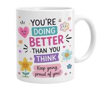 VIROSA Positive Affirmation Coffee Mug - You're Doing Better Than You Think | Motivational Ceramic Mug with Cute Floral Design | Encouragement Gift for Her, Him, Friend, Teacher | 11oz White Mug