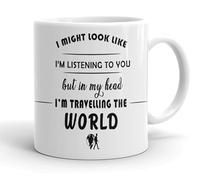 VIROSA Travel Mug - “in My Head I’m Travelling The World” - 11oz Ceramic Mug - Gift for Travel Addicts - Wanderlust Present