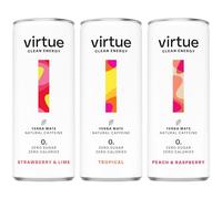 Virtue Clean Energy Mixed Pack - 12 x Yerba Mate Natural Energy Drinks - Sugar Free, Zero Calories, Vegan (12 x 250ml) [Strawberry & Lime, Tropical, Peach & Raspberry]