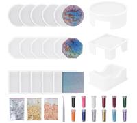 VirtuGro 18Pcs Resin Coaster Moulds Silicone Molds for Resin Casting Epoxy Resin Moulds Round Square Octagon Coaster Mould with Gold Foil, Tweezers for DIY Crafts Mould Making