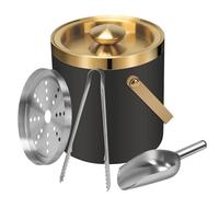 VirtuGro Ice Bucket, 2L Double Walled Insulated Small Ice Bucket with Lid and Tongs, Scoop, Strainer, Stainless Steel Champagne Bucket for Home Bars Restaurant Parties BBQs, Black and Golden