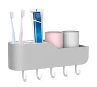 VirtuGro Toothbrush Holder with Cup Wall Mounted Electric Toothbrush Holder for Bathroom Self-Adhesive Toothbrush Caddy Organizer with Hooks for Washroom Toothbrush & Head Razor