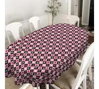 Virtumob Halloween Tablecloth 72 x 54 Inch Oval, Black/Pink Checkered Cute Pumpkin Ghost Skull Spider Web Table Cover Party Ginham Decorations for Oval Tables