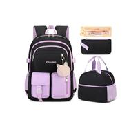 VIRTUREVI 3PCS Backpack For School Women College Middle High Teen Girls Student Bookbag Waterproof Laptop Bag, Black Purple, 12.2" x 6.7" x 18"