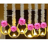 Virushka Set of 4 Wall Hangings for Home Decoration, Diwali Lights, Pink Rose, Handmade Diwali Decoration Psychedelic Wall hangings, Door Valance Hanging with LED T Lights for Wedding Décor(40 inch)