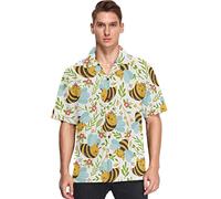 visesunny Mens Casual Button Down Short Sleeve Hawaiian Shirt Honey Bee Cute Bumble Bee Patterned Aloha Shirt, Multicolor, XL