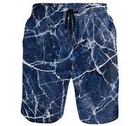 visesunny Men's Dark Blue Marble Print Beach Shorts Summer Swim Trunks Sports Running Bathing Suits with Mesh Lining, Blue, Large