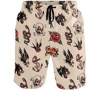 visesunny Men's Swim Trunks Old School Snake Tiger Eagle Anchor Tattoo Beach Holiday Party Swim Shorts, Multi, Medium