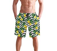 visesunny Men's Wolf Galaxy Beach Shorts Summer Swim Trunks Sports Running Bathing Suits with Mesh Lining, Lemon Striped, Large