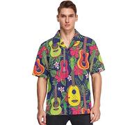 visesunny Pop Hawaiian Ukulele Flower Hawaiian Shirt Men Button Down Casual Shortsleeve Beach Aloha Shirts, Multicolor, Large