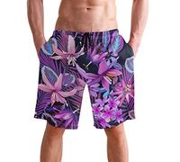 visesunny Stylish Mens Swim Trunks Quick Dry Beachwear Sports Swim Board Shorts Holiday Party Bathing Suits, Purple Flower, Large