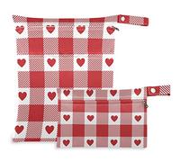 visesunny Valentines Red Heart Buffalo Plaid 2Pcs Wet Bag with Zippered Pockets Washable Reusable Roomy for Travel,Beach,Pool,Daycare,Stroller,Diapers,Dirty Gym Clothes, Wet Swimsuits, Toiletries
