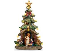 VISFLAIR 12'' Christmas Tree Lighted Manger Nativity Scene, Musical Holy Family Figurines LED Light Play Silent Night Music, Holiday Decorations