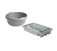 VISHCHIT 28cm High Grade Plastic Round Washing Up Bowl With Stylish Medium Dish Drainer Plate Rack Draining Board Tray Stand Sink Holder Organiser Kitchen Home And Restaurants (Silver)