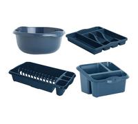 VISHCHIT Combo of 4-28cm Navy High Grade Plastic Round Washing Up Bowl With (Small Cutlery Tray, Medium Dish Drainer & Sink Tidy) Perfect for Kitchen Organiser Home Kitchen and Restaurants.