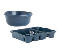 VISHCHIT (Set Of 2) 28cm Navy High Grade Plastic Round Washing Up Bowl With Stylish Large Dish Drainer Plate Rack Draining Board Tray Stand Sink Holder Organiser Kitchen Home And Restaurants
