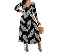 VisiChenup African Dresses for Women V Neck 3/4 Sleeve Long Maxi Dress, Black Leaf, L