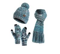 Visioelo Womens Bobble Hat Scarf and Gloves Set Fleece Lined Beanie Touch-screen Gloves Scarf with Tassel set of three (blue)