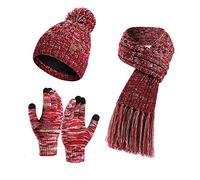 Visioelo Womens Bobble Hat Scarf and Gloves Set Fleece Lined Beanie Touch-screen Gloves Scarf with Tassel set of three (Rose red)