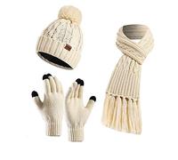 Visioelo Womens Bobble Hat Scarf and Gloves Set Fleece Lined Beanie Touch-screen Gloves Scarf with Tassel set of three (Beige)