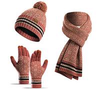 Visioelo Women's Bobble Hat Scarf and Gloves Set Touch-screen Gloves Scarf set of three Soft Warm Winter Knitted Snowflake Pattern Retro Pom Cap Set for Ladies Men (Red)