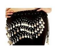 Vision4ever 3 Rows Belly Dance Hip Waist Wrap Scarf Skirt Belt Dancing Costume Coins Dance Costume Wrap Skirts (Black)