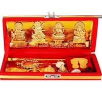 Vision4ever Hindu God Statue Yantra Dhan Laxmi Pooja Box Kit - Includes Ganesha, and MATA Coin Idol for Worship and Blessings