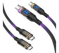 VisionSync 240W USB C to USB C Transparent Cable with LED Display Compatible with 140W 100W Fast Charging for MacBook Pro,lPhone16/15/15Pro/15ProMax, Galaxy S23+/S23Ultra/S22,6.6ft 2Pack,Black