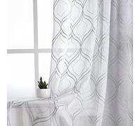 VISIONTEX Sheer Curtains 108 Inches Long 2 Panels Set, Aqua Moroccan Embroidery Texture Geometric Rod Pocket White Voile Tulle Semi Window Treatment Pair for Bedroom, W54 x L108