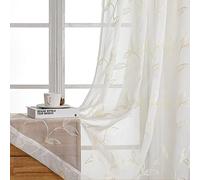 VISIONTEX Sheer Curtains 72 Inches Long 2 Panels Set Cream Beige Embroidered Floral Leaf Pattern Rod Pocket Semi Sheer Voile Window Curtains/Drapes for Bedroom Living Room 54 x 72 Inches