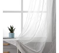 VISIONTEX White Sheer Curtains 84 Inches Long 2 Panels Set Moroccan Embroidery White Dots Embroidered Voile Fabric Semi Rod Pocket Window Treatment Drapes for Living Room Bedroom 54 x 84 Inches