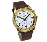 VISIONU English Talking Watch with Alarm Function, Talking Date and time, White Dial, Brown Leather Band, Golden Case