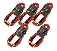 VisioSound 5 x Premium Tweed Guitar Bass Lead / 6.35mm 1/4" Angled Jack/Braided Instrument Cable (Red/Black, 3m, Pack of 5)