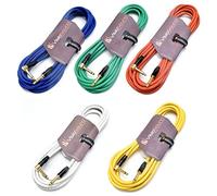 VisioSound Premium Guitar Bass Lead 6.35mm 1/4" Angled Jack/Pro Noiseless Instrument Cable (Multi-coloured, 6m, Pack of 5)