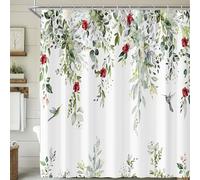 Visioun Eucalyptus Sage Green Leaves Red Burgundy Floral Shower Curtain for Bathroom 72W*72H Inch Hummingbird Spring Bathtub Decor Farmhouse Botanical Waterproof Polyester Fabric Set with 12 Hooks