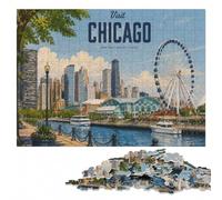 Visit Chicago Illustrated Wooden Jigsaw Puzzle 300 Pieces for Adults | Adult Jigsaw Puzzle - puzzle activity for spare time alone or together.
