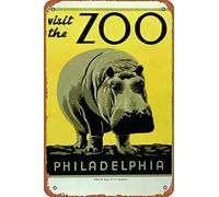 Visit The Zoo Philadelphia Hippo Retro Vintage WPA Art Project Laminated Sign Metal Tin Signs Room Stuff Wall Decor Sign 8x12 Inch