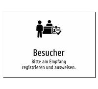Visitors - Please register and show at the reception - Sticker A5: 210 x 148 mm - With Graphic and Text