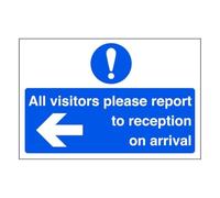 Visitors please report to reception "arrow left" - safety signage- 3mm Aluminium Dibond for indoor/outdoor usage (600mm x 400mm) 20m Viewing Distance.