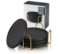 Viski Earthenware Ceramic Outdoor Drinks-Unique Coasters with Gold Stand Black Set of 4