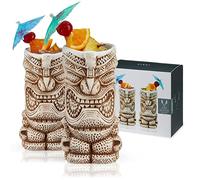 Viski High Tide Tiki Mugs - Hand Painted Ceramic Tiki Glasses for Cocktails - Tiki Barware 14.5oz Highballs Set of 2 White