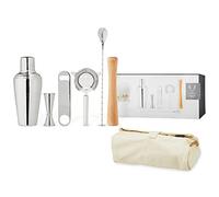 Viski Travel Bartender Kit 6pc Set, Drink Mixers for Cocktails Gift Essentials: Classic Cobbler Shaker, Hawthorne Strainer, Bottle Opener, Jigger, Barspoon, Muddler & Canvas Carry Bag