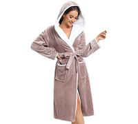 Vislivin Fleece Dressing Gown for Women Fluffy Hooded Dressing Gown Luxury Robe Soft Bathrobe Brown-S