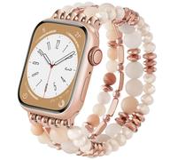 VISOOM Beaded Boho Bracelet for Apple Watch Series 10 Se 9 8 7 6 5 4 3 2 1 Bands 42mm 41mm 40mm 38mm Women, Fashion Handmade Cute Crystal beads Stretchy Watch Strap for Iphone iWatch Bands-White/Khaki